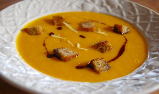 Orange Autumn Soup with Pumpkin Seed Oil Croutons